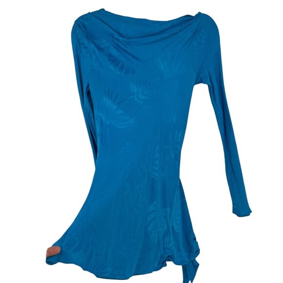 TOPSHOP Cowl Neck Bell Sleeve Tunic With Leaf Pattern Turquoise Size 2 NWOT - Picture 1 of 9